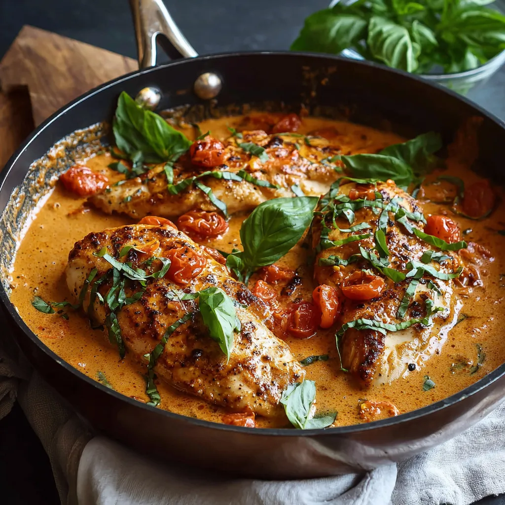 Close-up of delicious Tomato Basil Chicken ready to be served, showcasing fresh basil and juicy tomatoes.