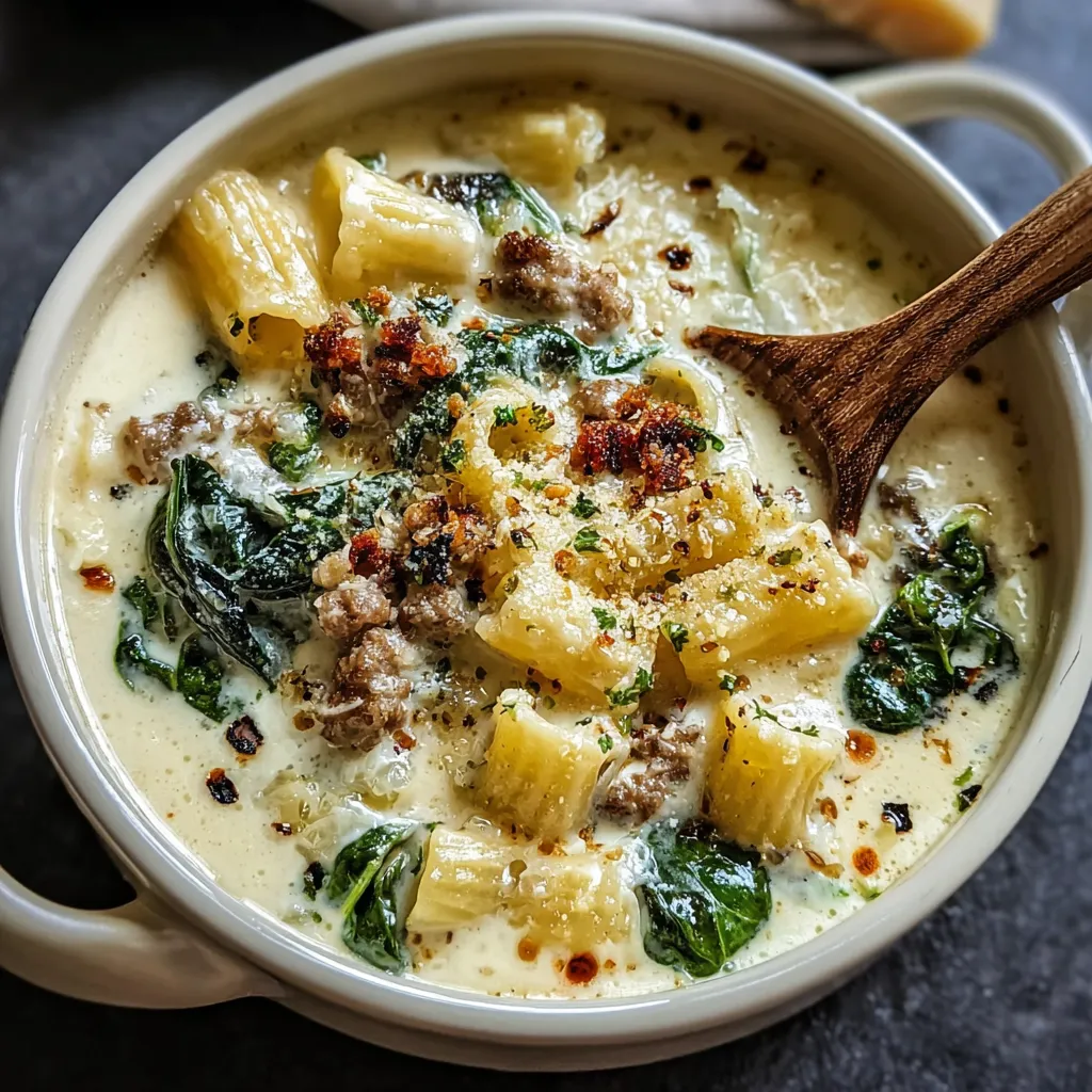A close-up shot showcases the creamy texture and delicious ingredients in a bowl of White Lasagna Soup.