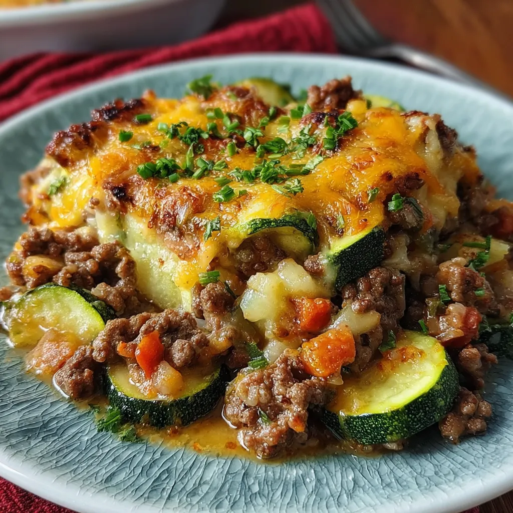Close-up of a freshly baked Zucchini Hamburger Casserole, ready to be served.
