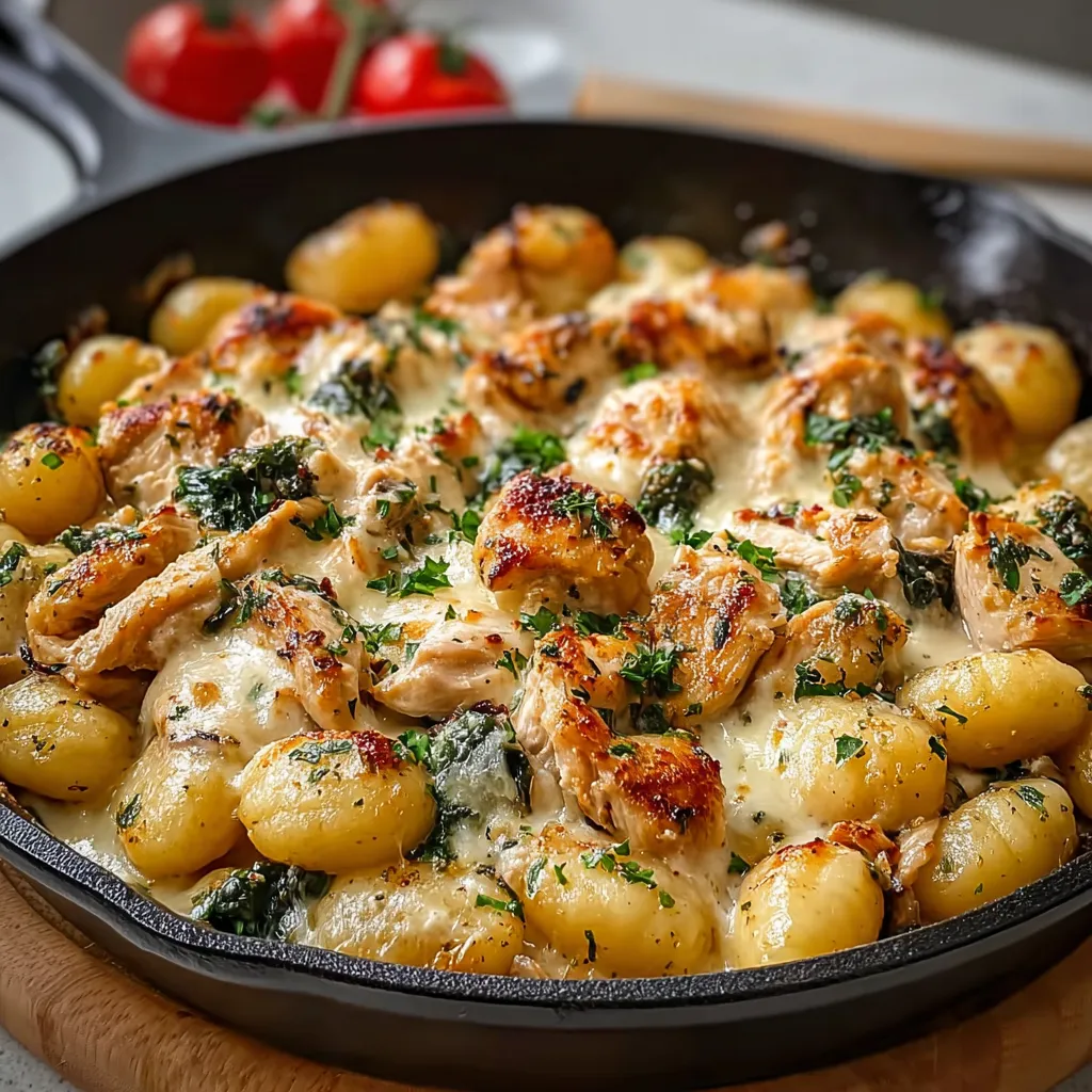 Close-up view of a delicious Garlic Chicken Gnocchi Skillet Dinner, ready to be served.