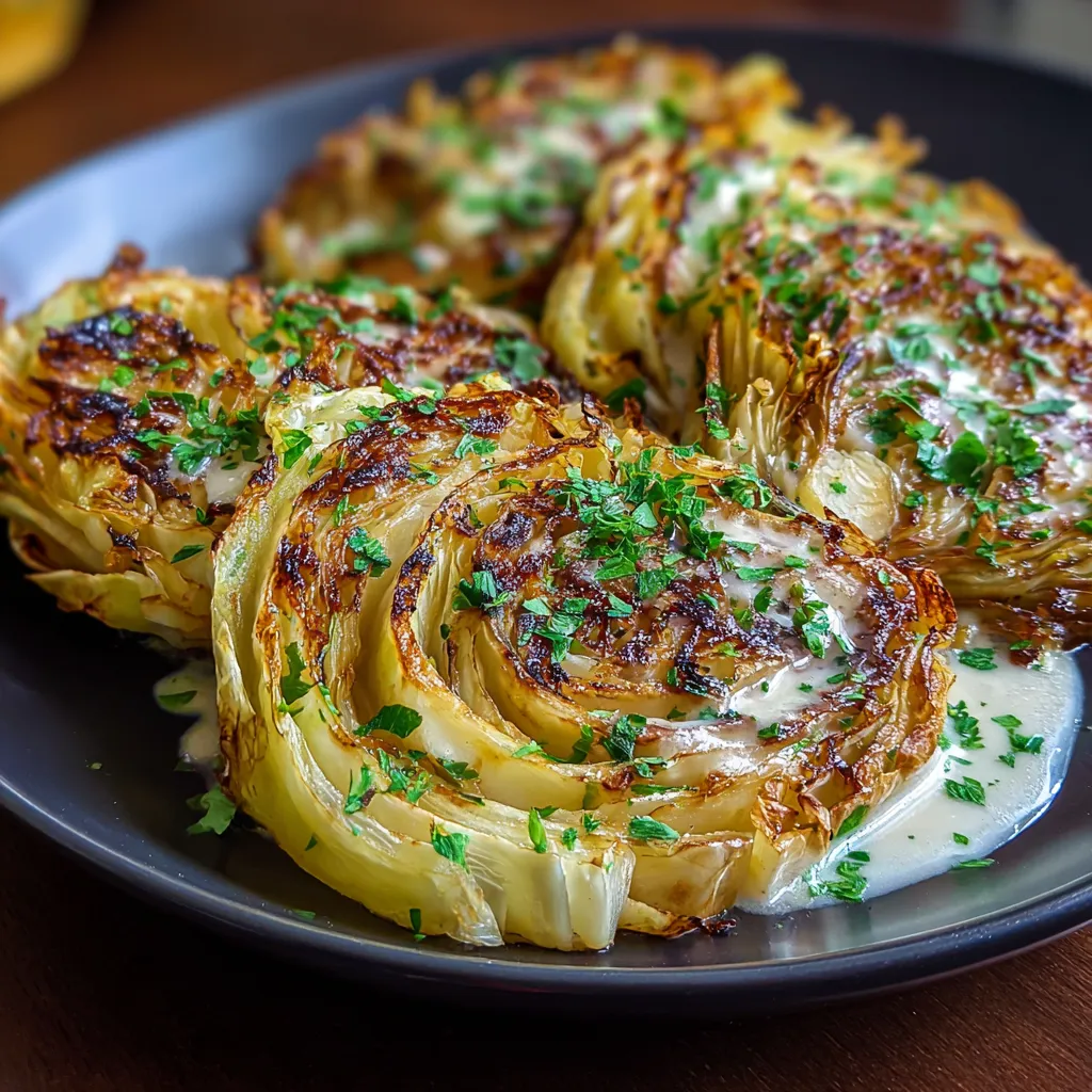 Close-up shows delicious Garlic Parmesan Cabbage Steaks, highlighting the cheesy topping and caramelized edges.