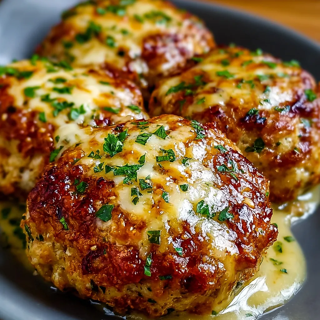 Close-up of freshly baked Garlic Parmesan Chicken Meatloaves, showcasing their golden-brown crust and cheesy topping.