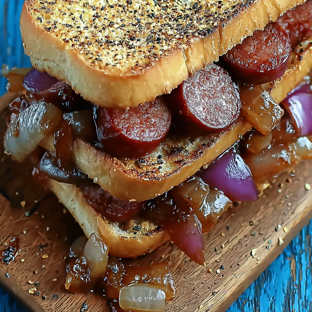 Close-up of delicious Grilled Kielbasa Sandwiches, showcasing the juicy kielbasa and toppings.