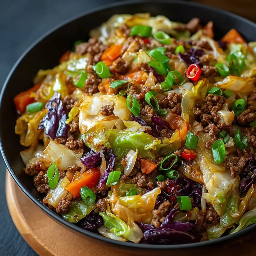 Close-up shot of a delicious Ground Beef & Cabbage Stir-Fry, showcasing the vibrant colors and textures of the cooked beef, cabbage, and other ingredients.