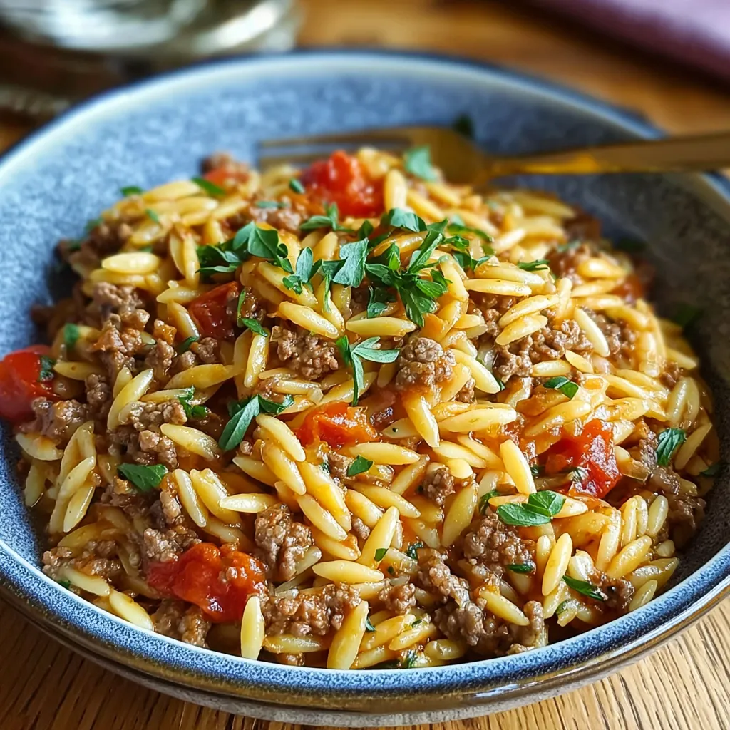 A close-up shows a serving of delicious Ground Beef Orzo, highlighting the texture and ingredients.