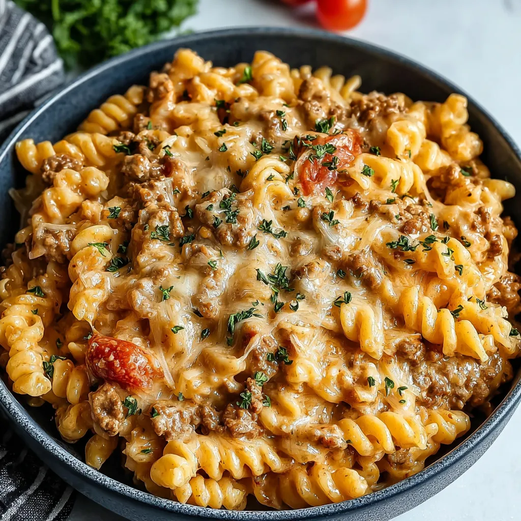 A close-up shot showcases the delicious Ground Beef Pasta, ready to be served.