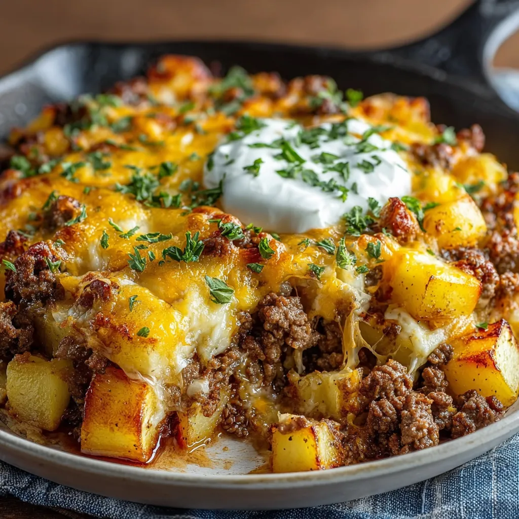 A close-up shot showcases a delicious serving of Ground Beef Potatoes Casserole, revealing layers of browned ground beef, creamy potatoes, and melted cheese.