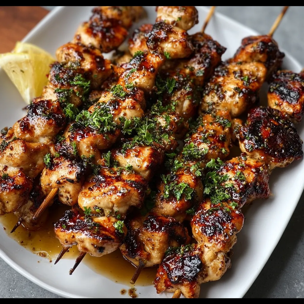 Close-up of juicy Honey Garlic Chicken Skewers, showcasing the glaze and perfectly cooked chicken.