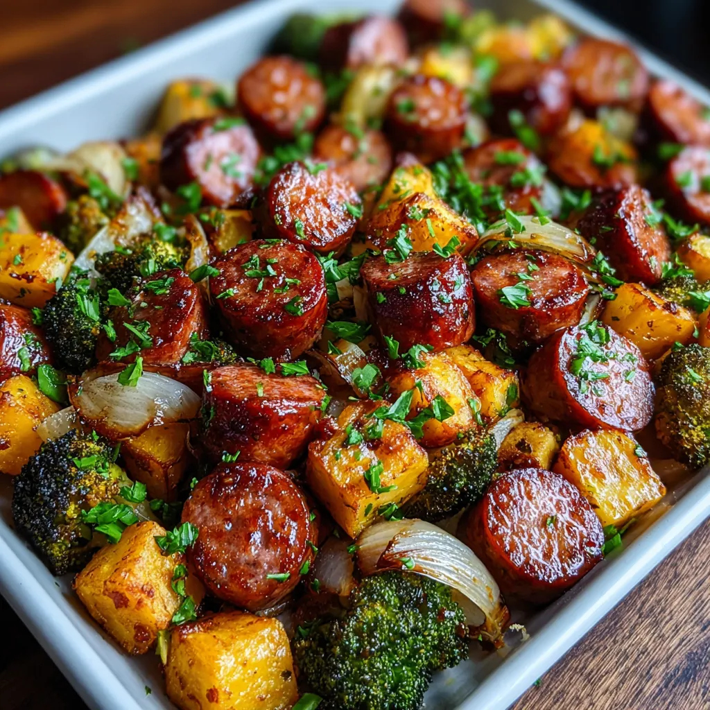 Close-up of the finished Honey Garlic Sheet Pan Sausage dish with roasted vegetables, ready to serve.