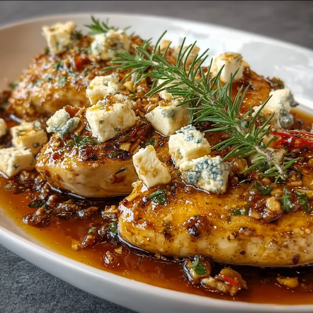 Close-up of juicy Hot Honey Feta Chicken with crumbled feta and a glistening honey glaze.