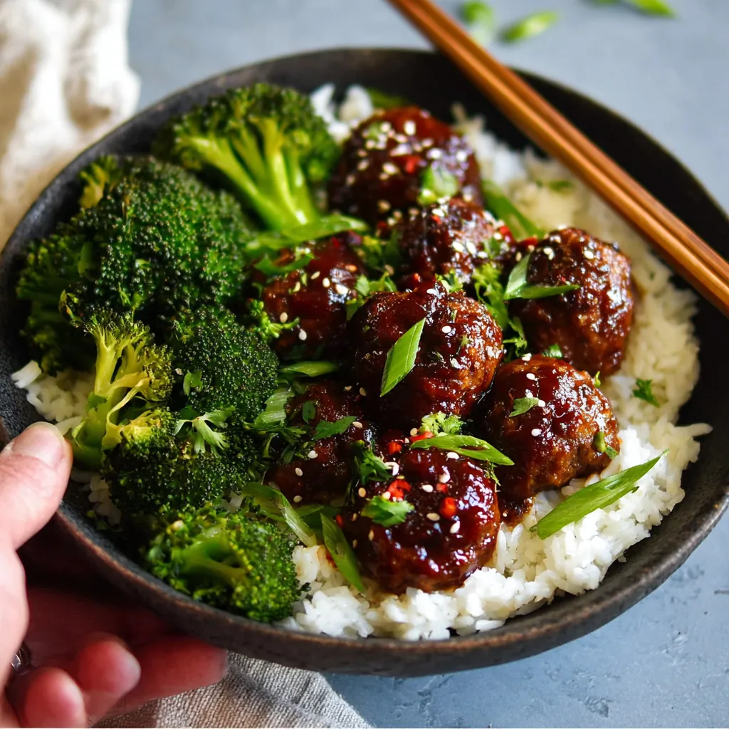 Close-up view of saucy, savory Mongolian Meatballs, ready to be served.