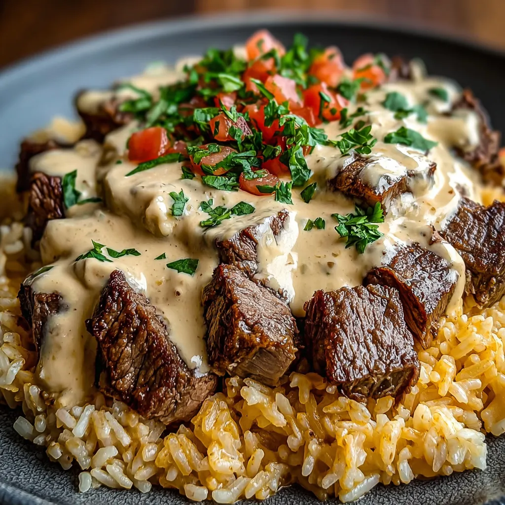 Close-up view of a delicious bowl of Steak Queso Rice, showcasing its cheesy and savory goodness.