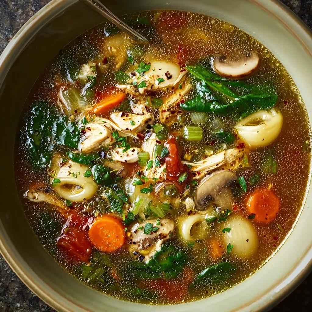 Close-up shot of comforting and vibrant Italian Penicillin Soup, showcasing its rich broth and colorful vegetables.