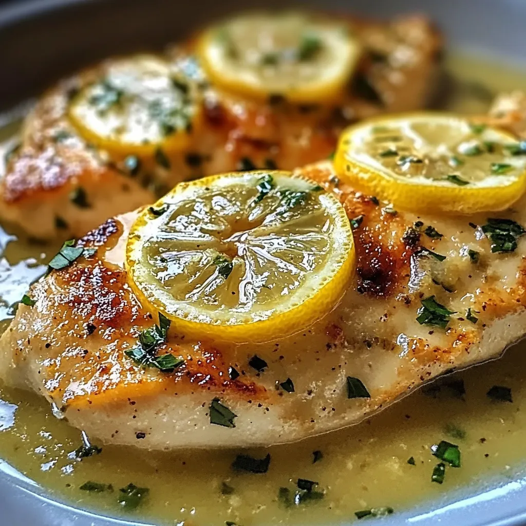 Close-up shot of beautifully plated Lemon Chicken Romano, highlighting the dish's golden-brown crust and vibrant lemon sauce.