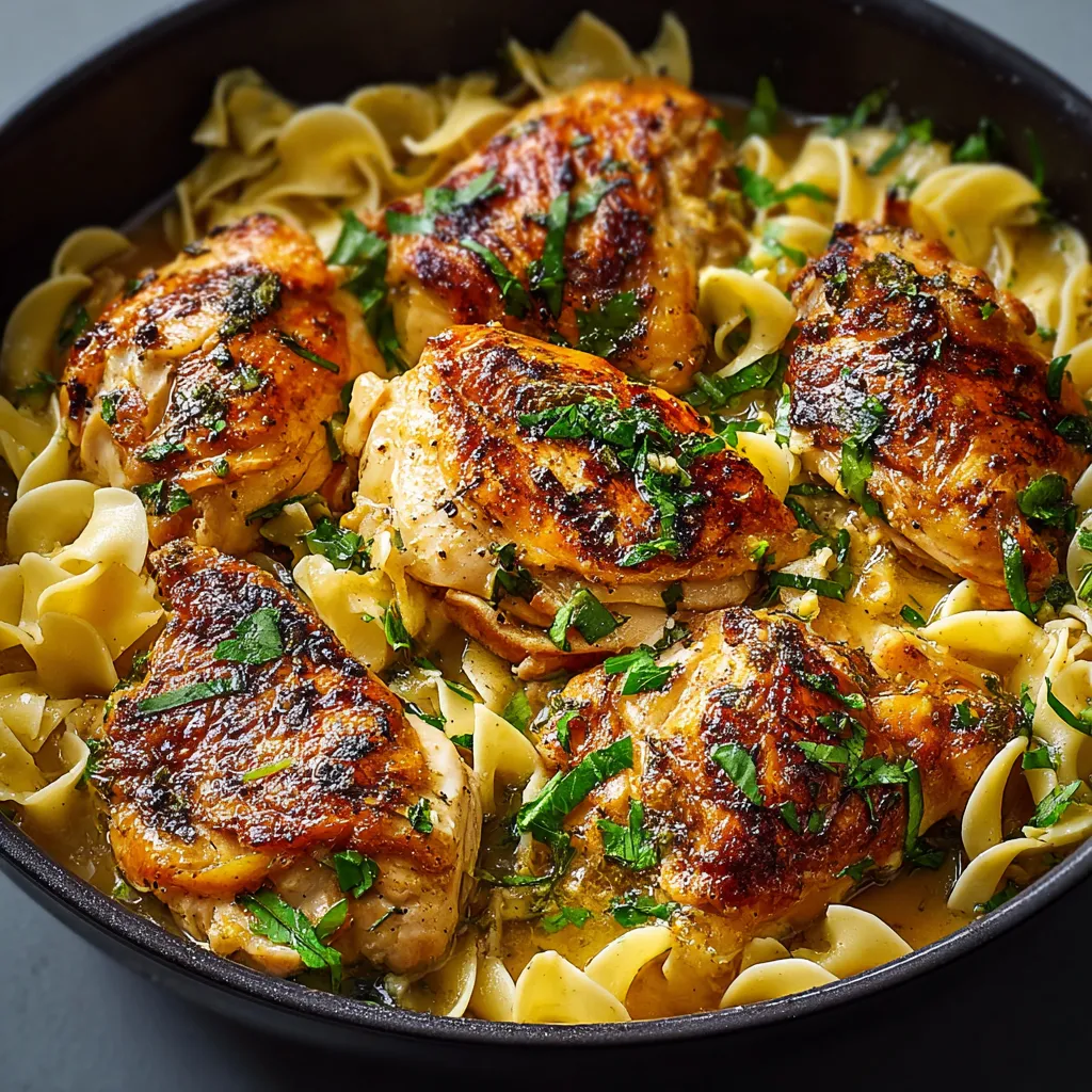 Close-up shot of delicious One-Pan Chicken With Buttered Noodles, showcasing the golden-brown chicken and creamy noodles.