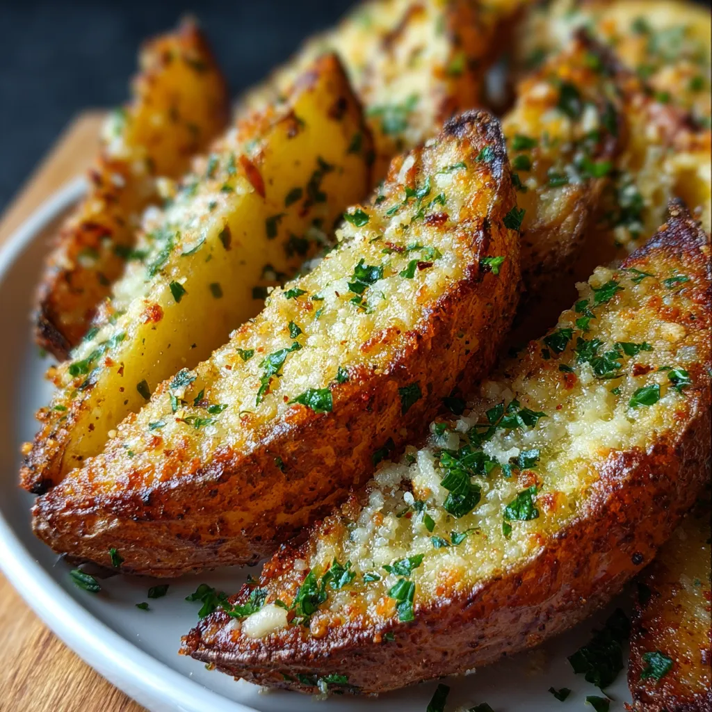 Close-up of crispy Baked Garlic Parmesan Potato Wedges, showcasing their golden-brown color and cheesy topping.