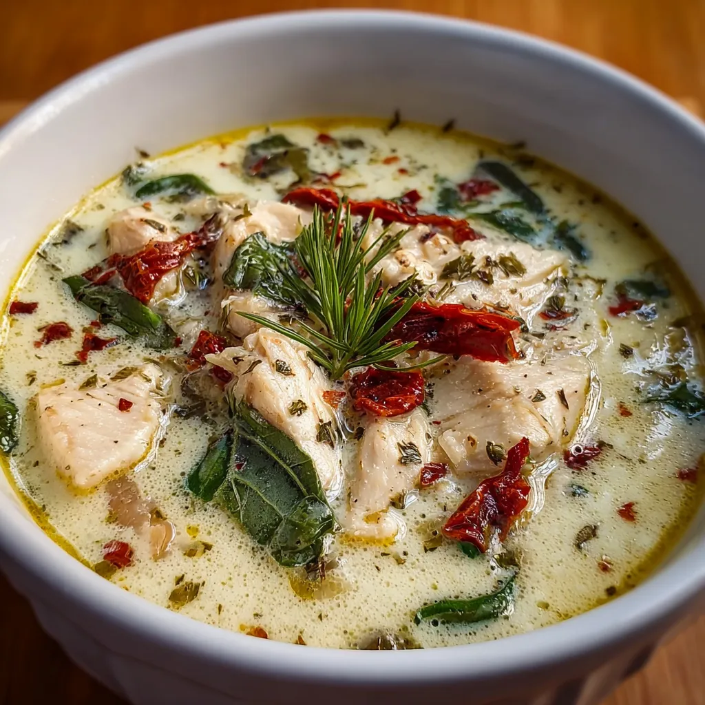 Close-up of creamy and delicious Marry Me Chicken Soup in a bowl, ready to be served.
