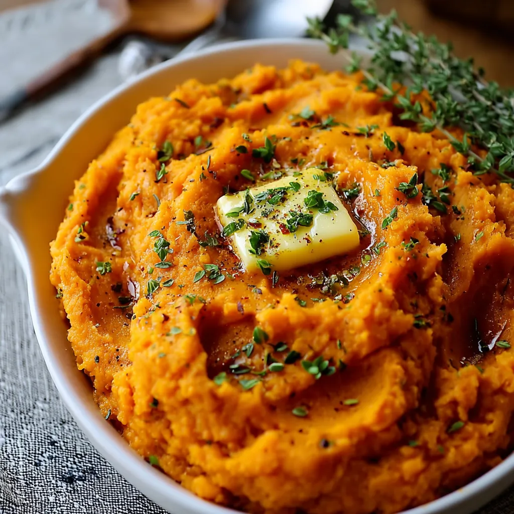 Creamy Mashed Sweet Potatoes served in a white bowl, ready to be enjoyed.
