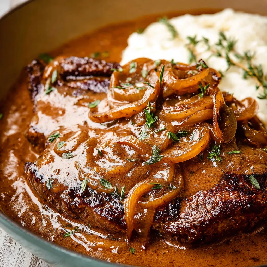 Close-up of a juicy steak lavishly covered in rich onion gravy, showcasing the deliciousness of Onion Gravy Smothered Steak.
