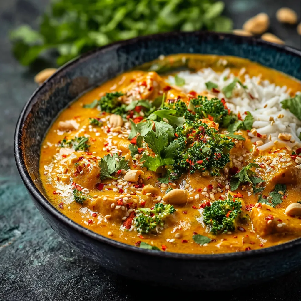 Close-up shot of flavorful Peanut Butter Curry in a bowl, ready to be served as part of a delicious meal.