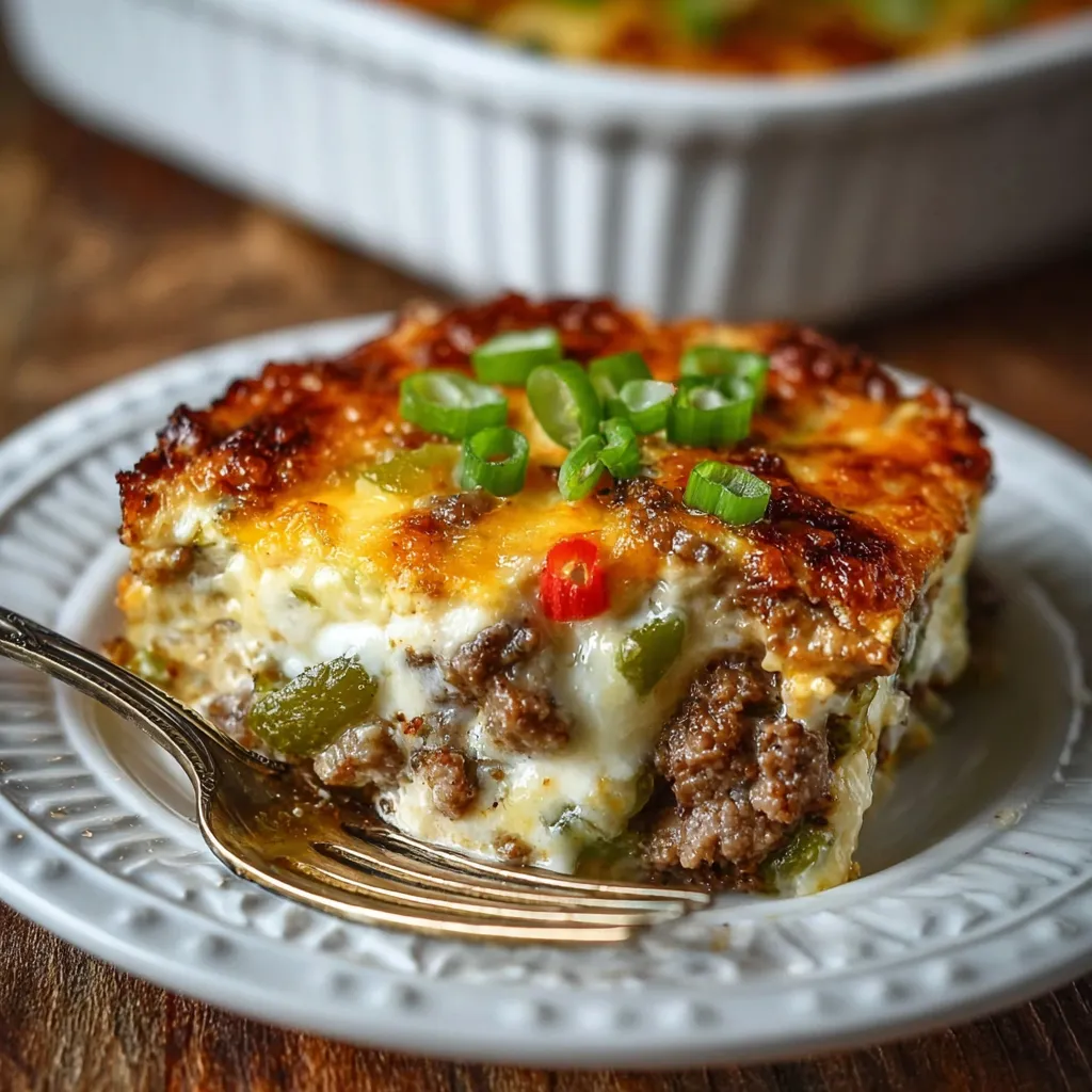 A close-up shot showcases a freshly baked Philly Cheesesteak Casserole with melted cheese and browned bread topping.