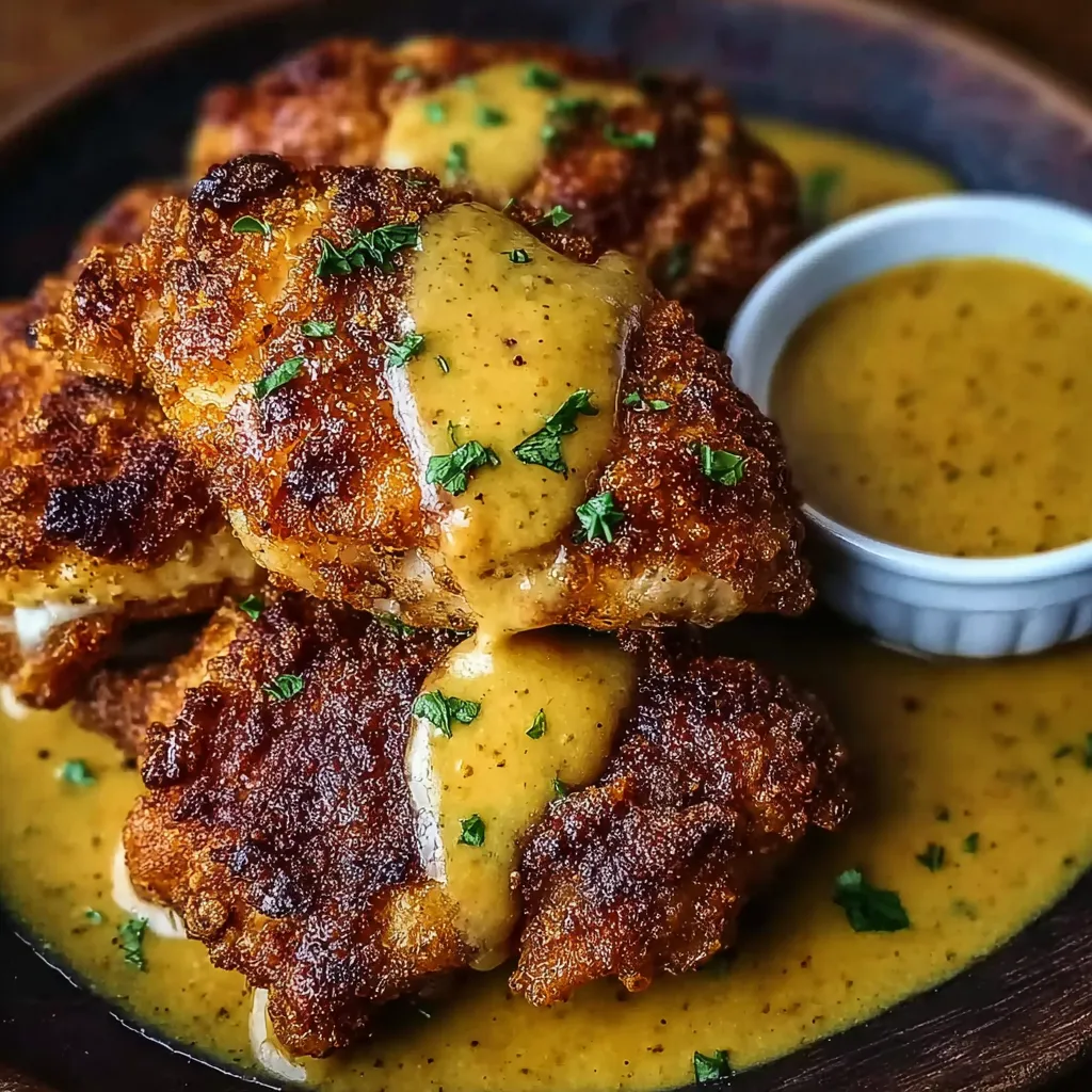 Another delicious view of the crispy, golden brown Pretzel Chicken.