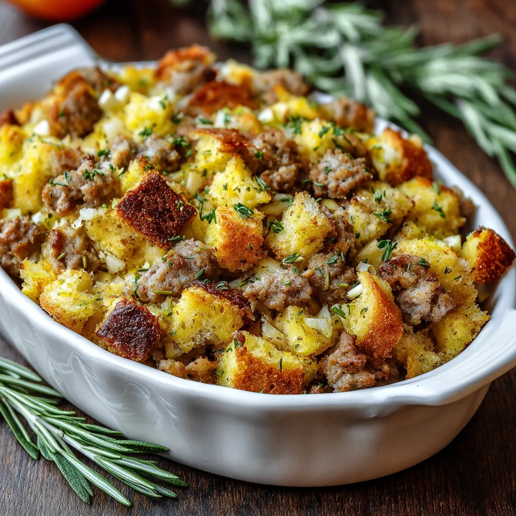 Close-up image showcasing the texture and ingredients of a delicious Sausage Apple Stuffing.