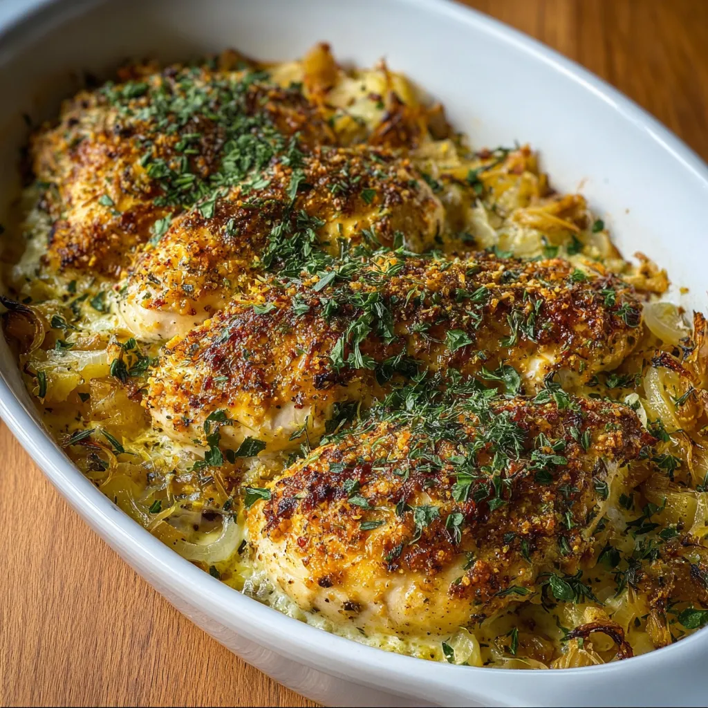A close-up showcases the delicious, creamy filling of the Savory Baked Herb Chicken Casserole, highlighting the golden-brown baked herbs on top.