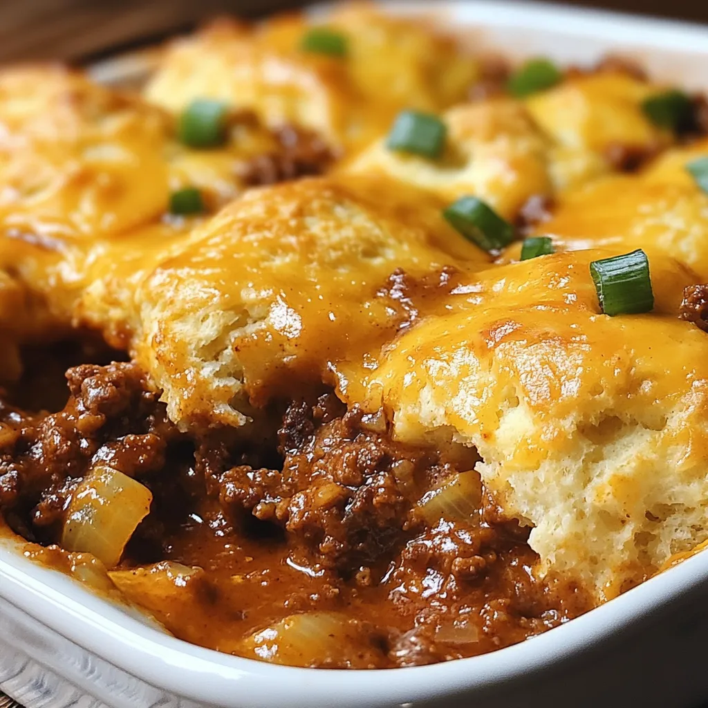A close-up showcases the cheesy topping and bubbly sauce of a delicious Sloppy Joe Biscuit Casserole.