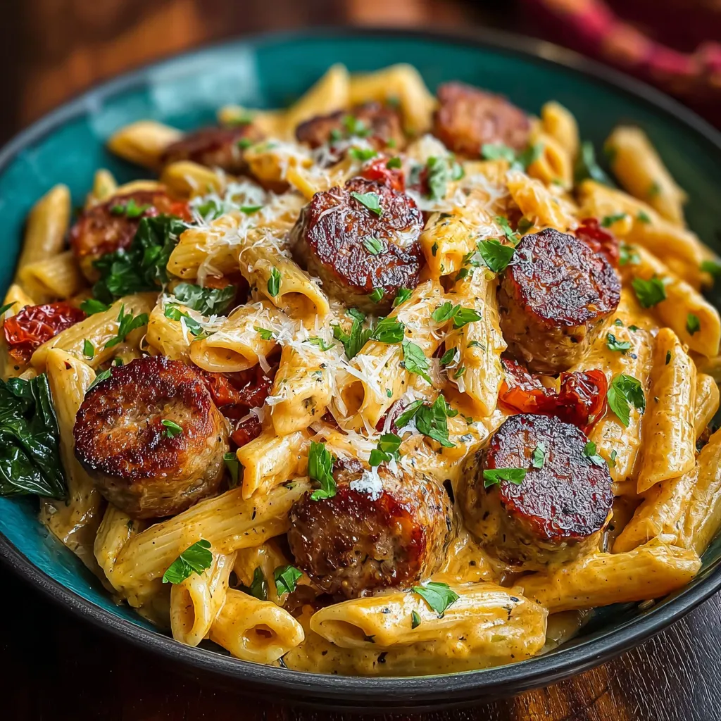 Close-up of a delicious Spicy Cajun Beef Sausage Pasta Dinner, showcasing the vibrant colors and textures of the dish.