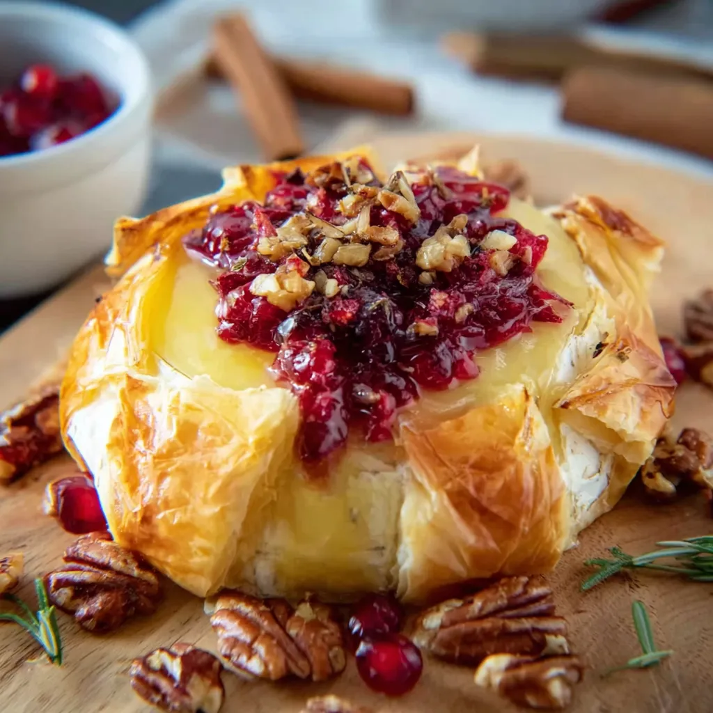 A close-up shot showcasing the golden-brown, flaky crust of Thanksgiving Baked Brie after being baked.