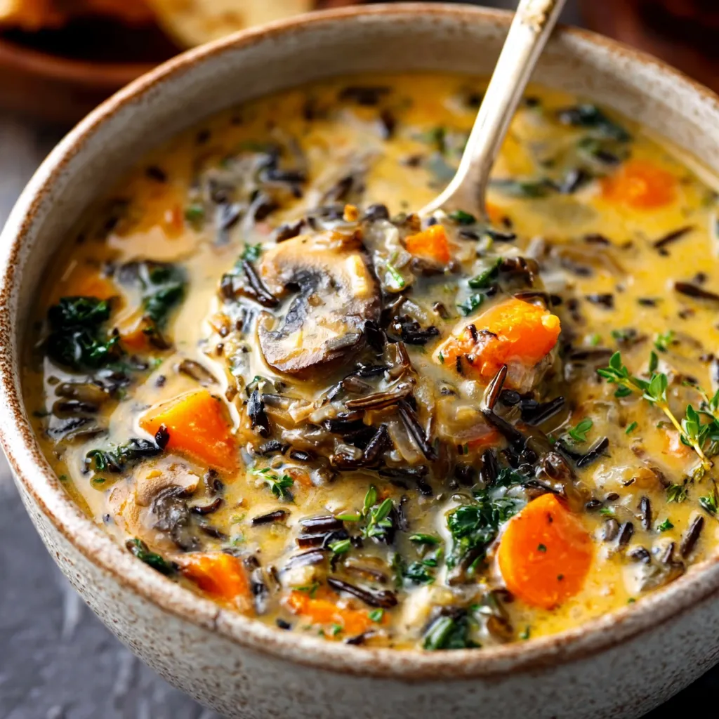 Close-up of creamy Autumn Wild Rice Soup in a bowl, showcasing its texture and ingredients.