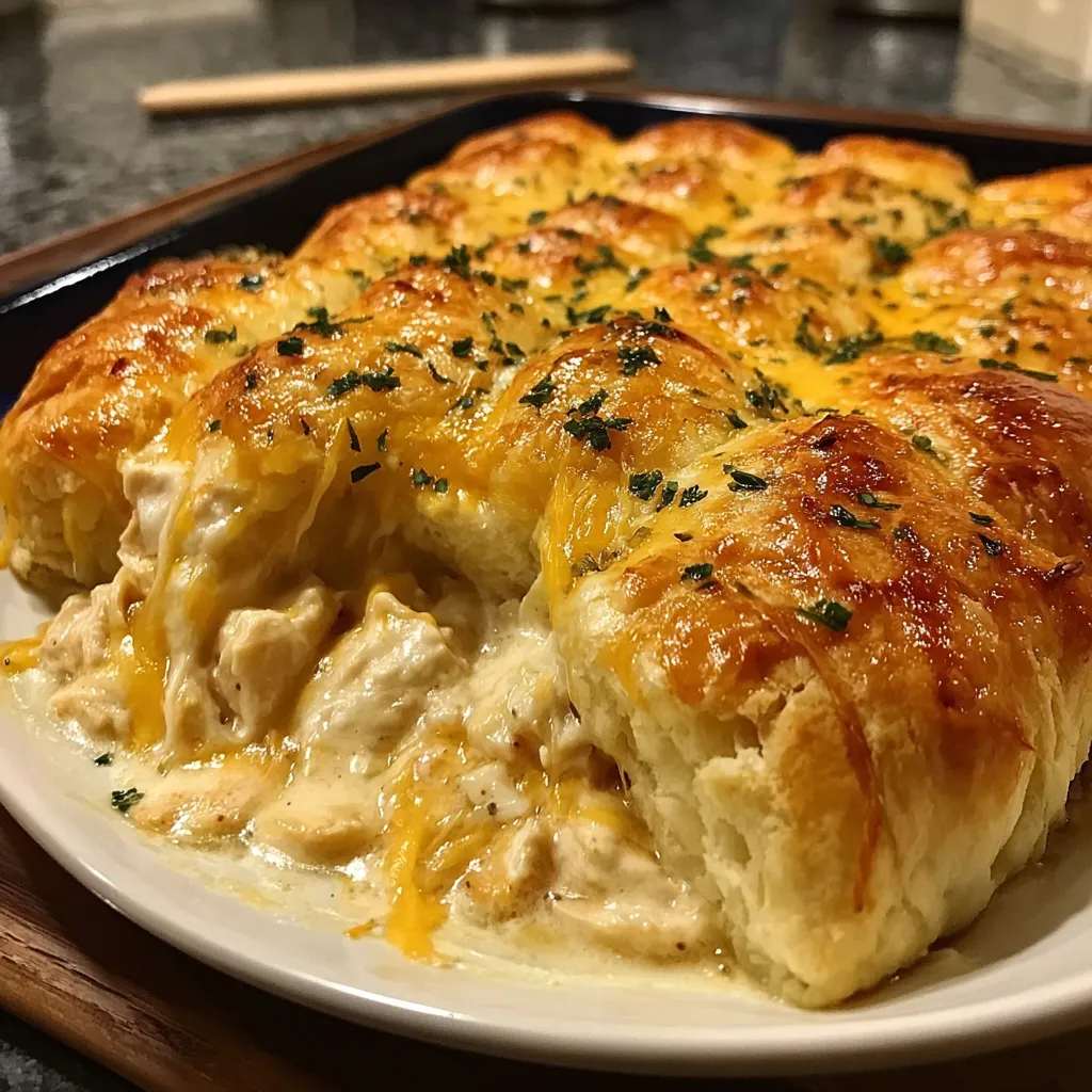 Close-up of a golden-brown Cheesy Chicken Crescent Bake, fresh out of the oven and ready to be served.