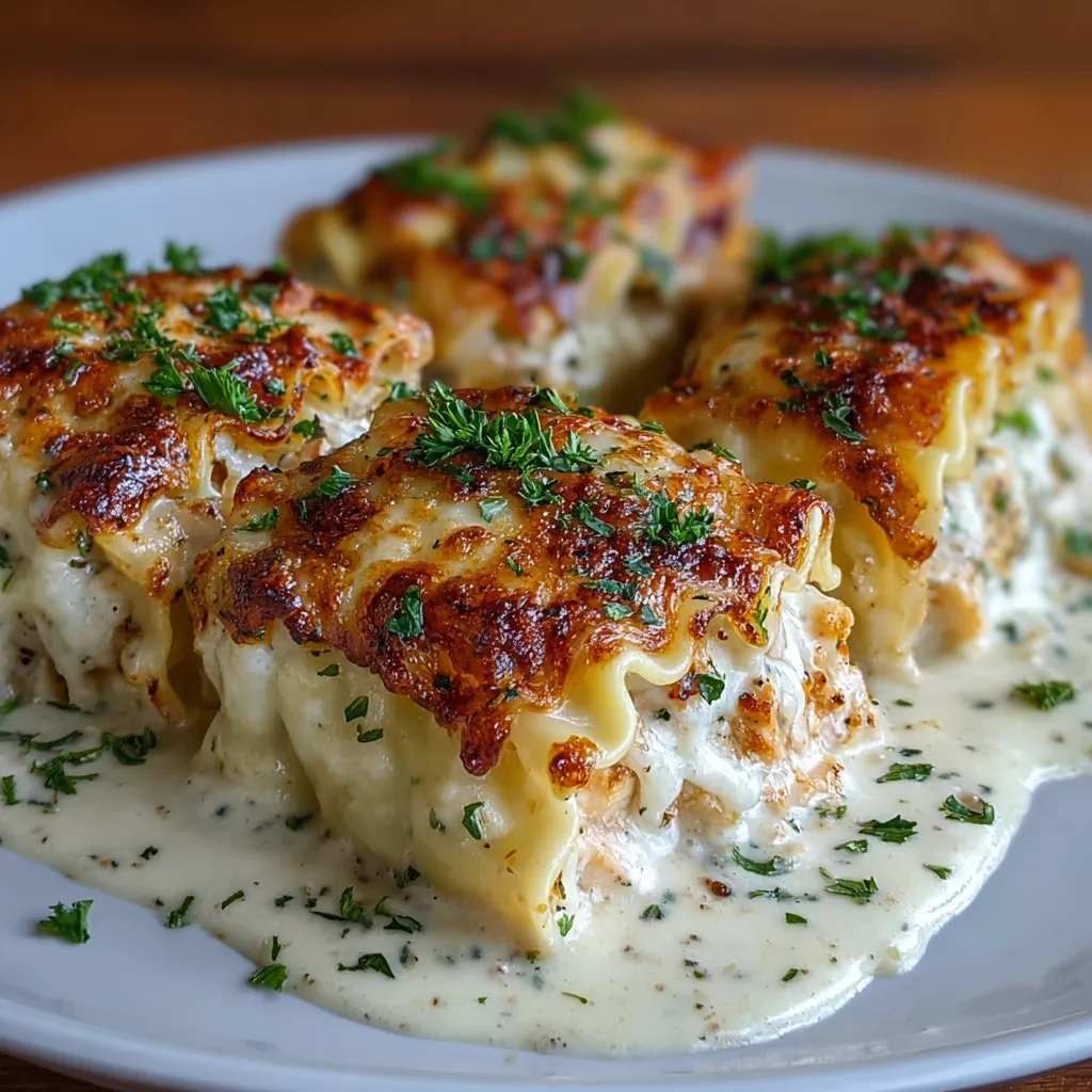 Close-up shot of creamy Chicken Alfredo Lasagna Rolls, showcasing the cheesy filling and golden-brown pasta.