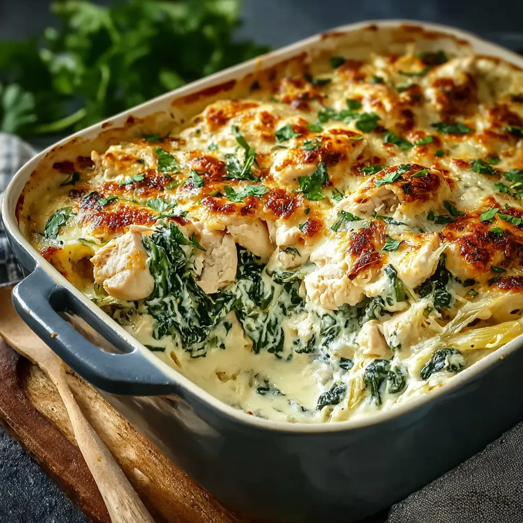 A close-up shot shows a delicious serving of Chicken And Spinach Casserole, highlighting the creamy sauce and browned topping.