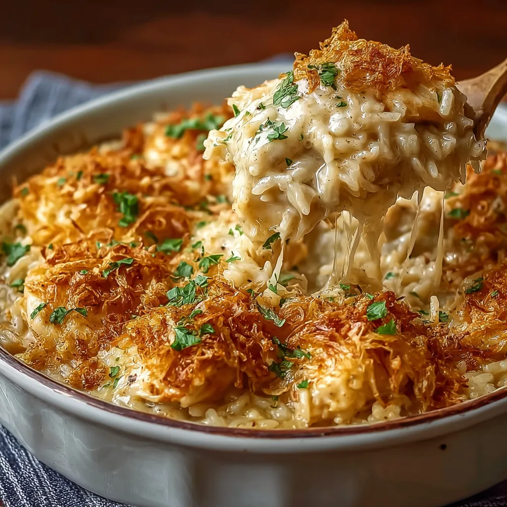 Close-up view of the creamy French Onion Chicken Rice Bake after baking, showcasing the golden-brown cheese topping.