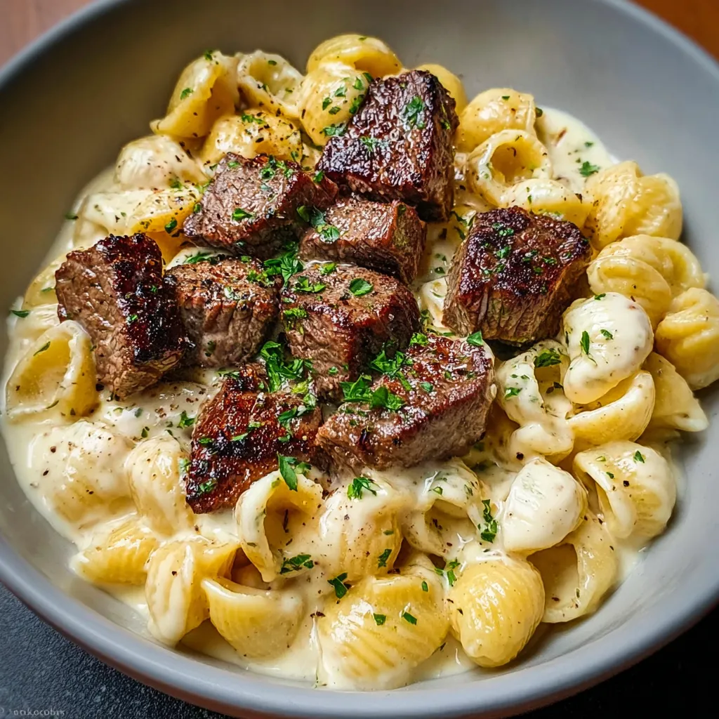 Close-up showing the creamy Garlic Butter Alfredo Steak Bites & Shell Pasta, ready to be served.