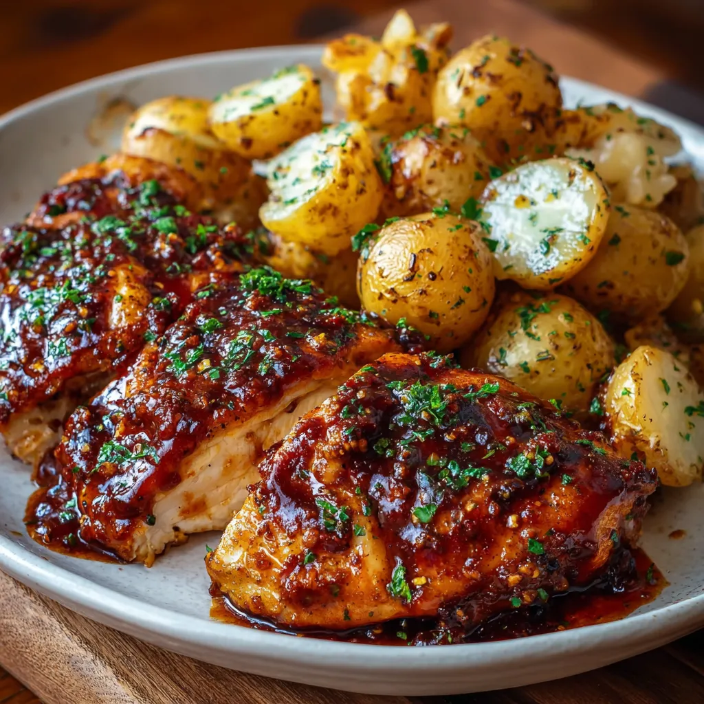 Close-up shot of a delicious Honey BBQ Chicken with Garlic Potatoes Dinner, showcasing the juicy chicken and flavorful potatoes.