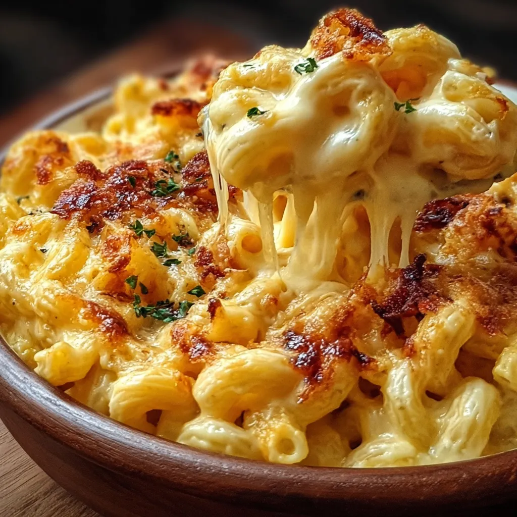A close-up shot showcases a creamy and cheesy serving of homemade Mac and Cheese.