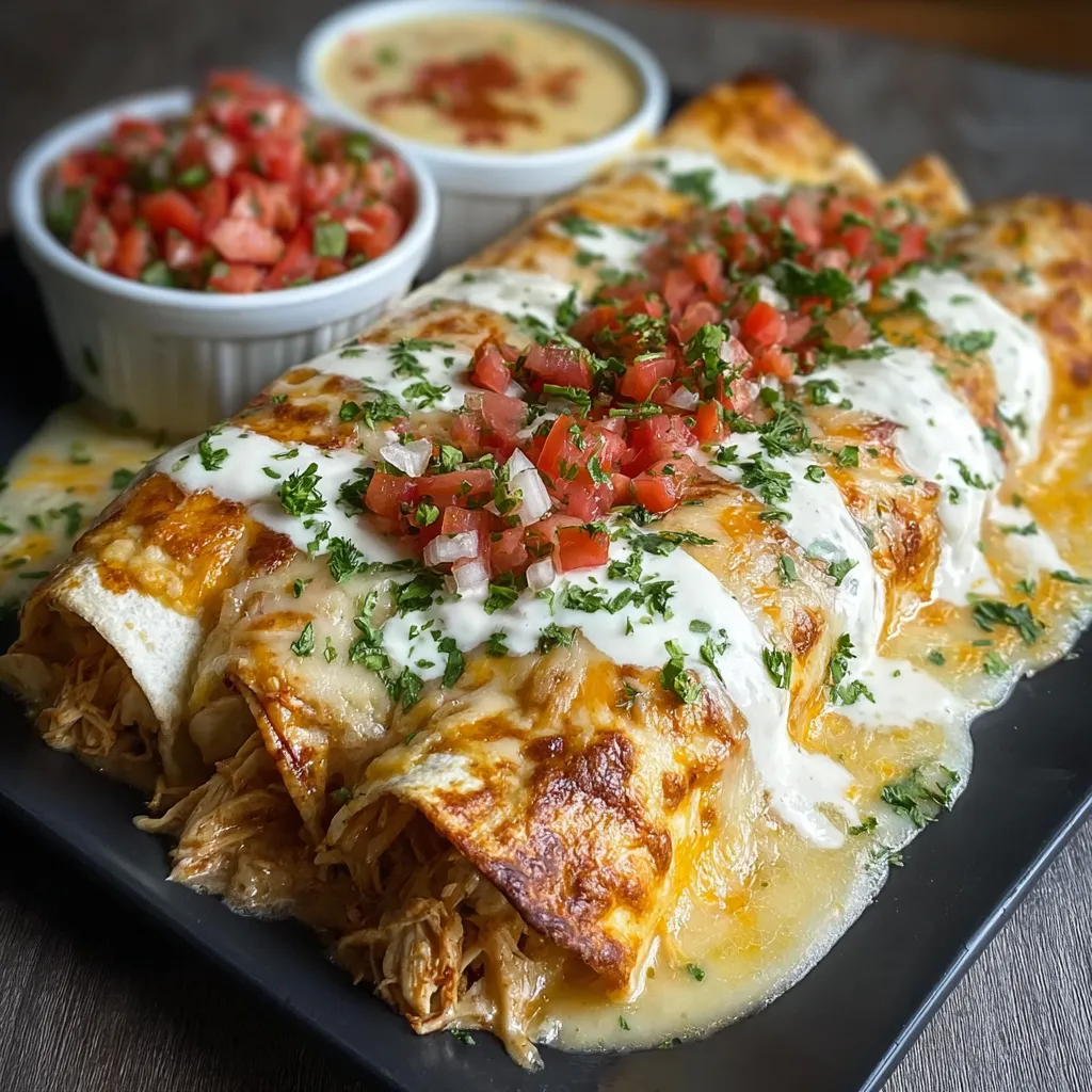 A close-up shot showcases delicious Queso Chicken Enchiladas with melted cheese and creamy queso sauce, ready to be enjoyed.
