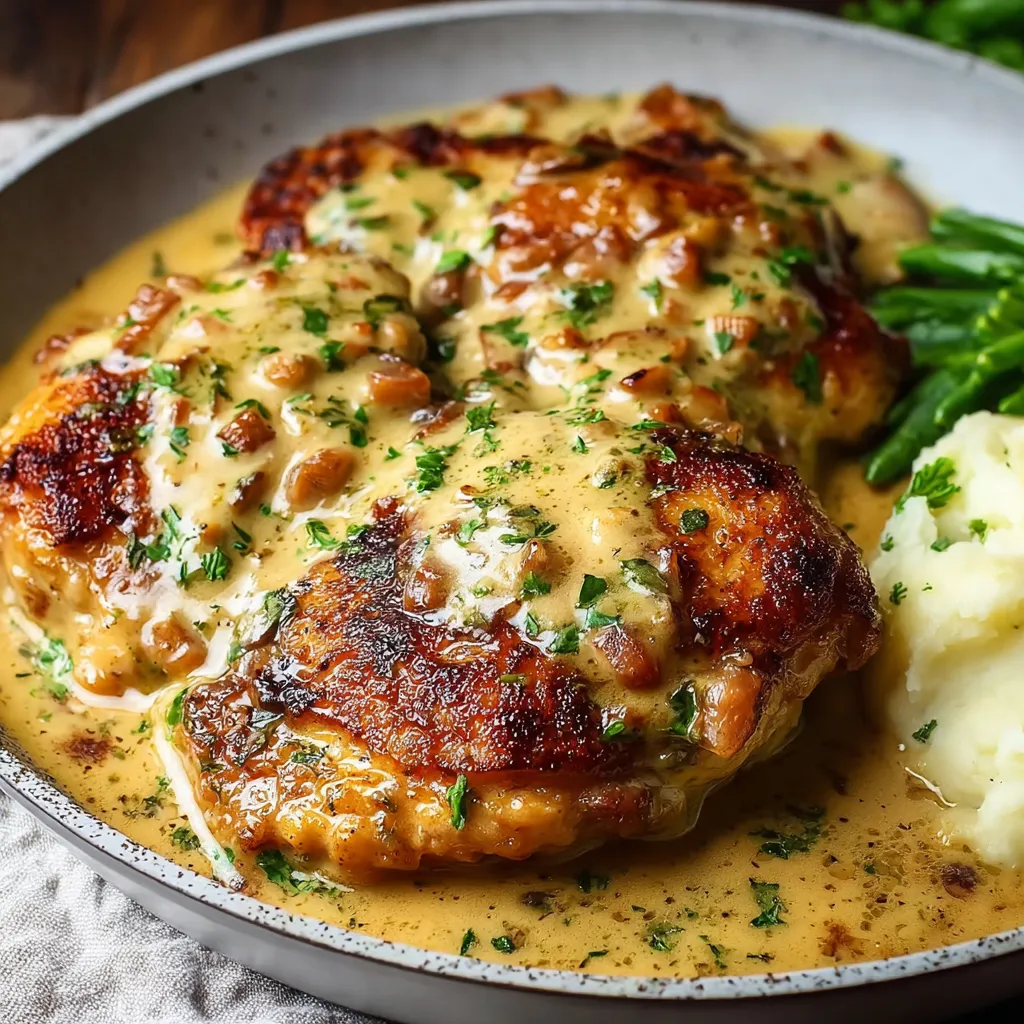 Close-up of golden brown Smothered Chicken covered in a creamy gravy sauce.