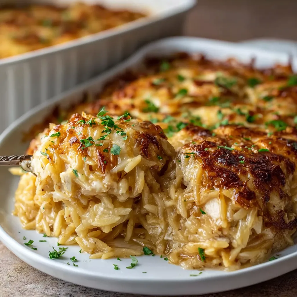 EASY FRENCH ONION CHICKEN ORZO CASSEROLE