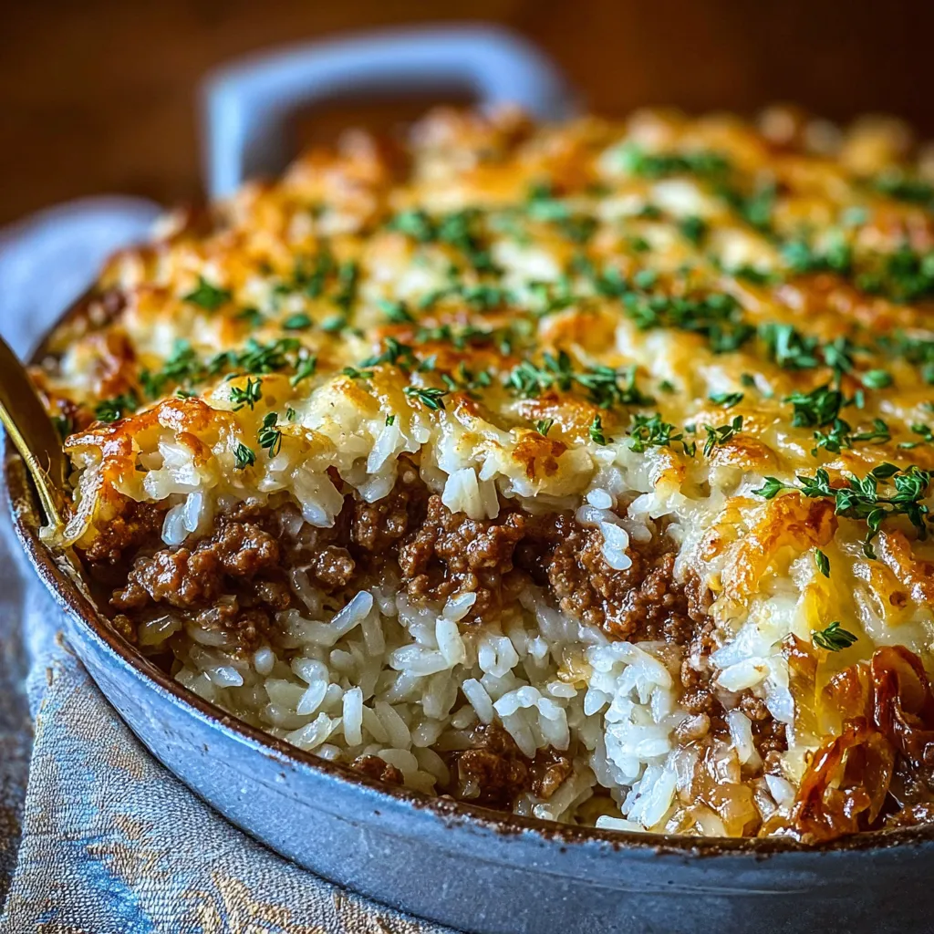 EASY FRENCH ONION GROUND BEEF AND RICE CASSEROLE
