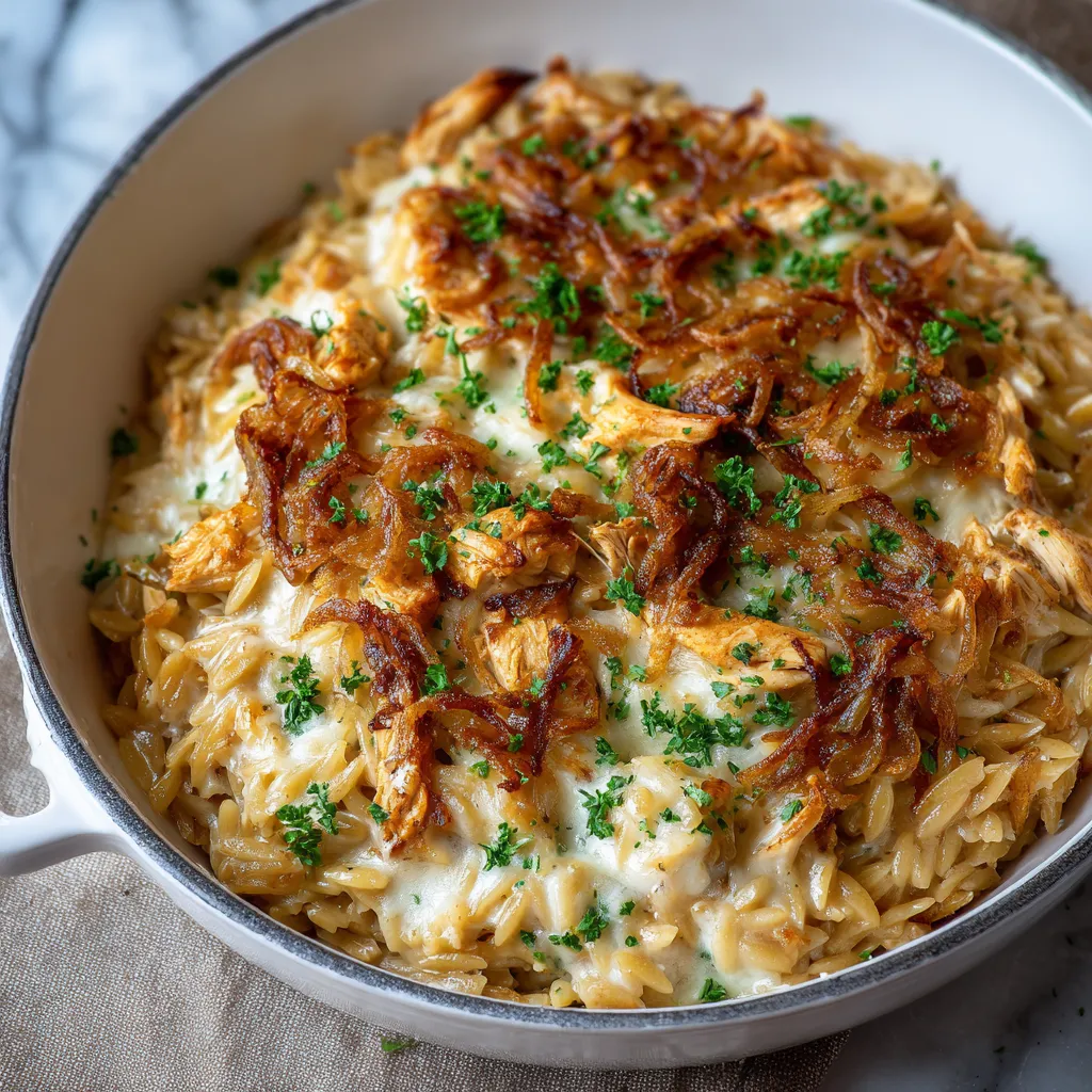 PERFECT FRENCH ONION CHICKEN ORZO CASSEROLE