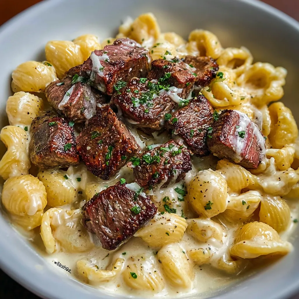 ULTIMATE GARLIC BUTTER ALFREDO STEAK BITES & SHELL PASTA
