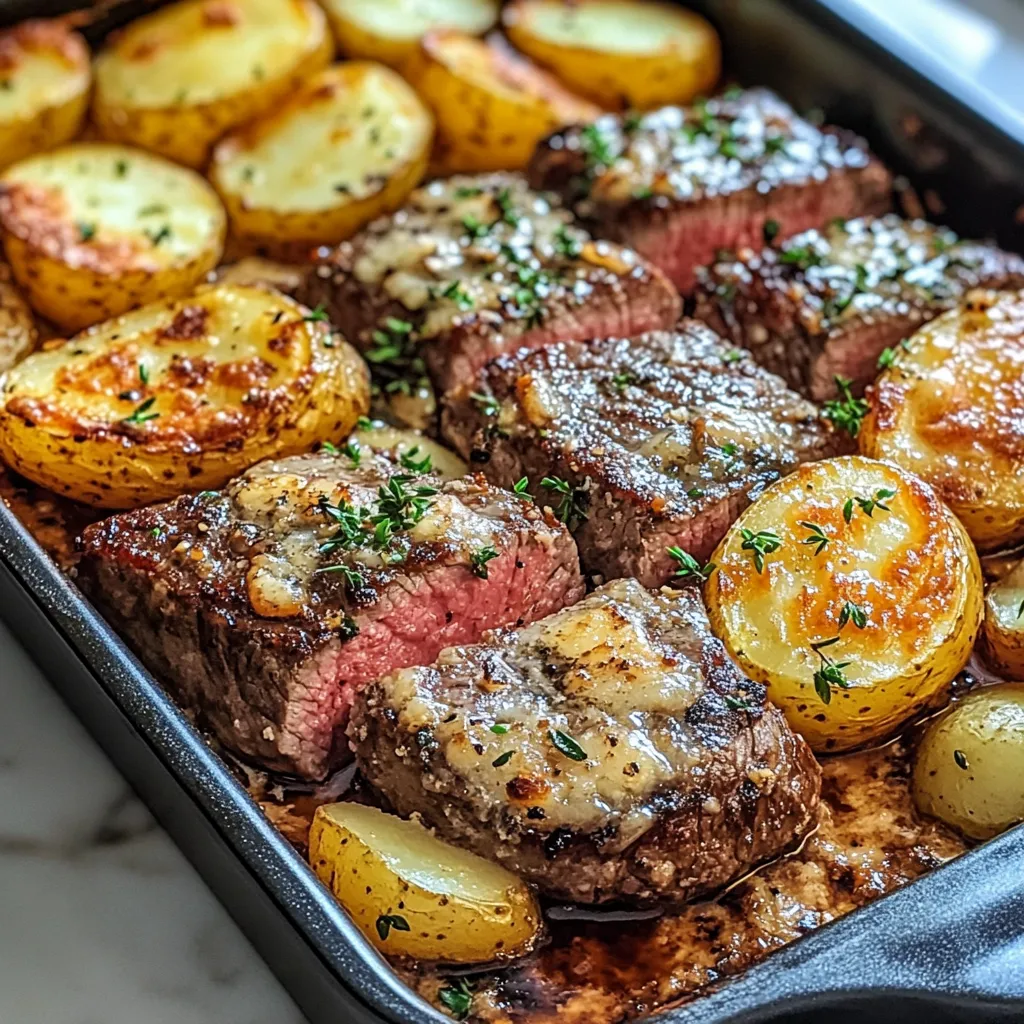 Garlic Butter Steak & Cheddar Potato Bake